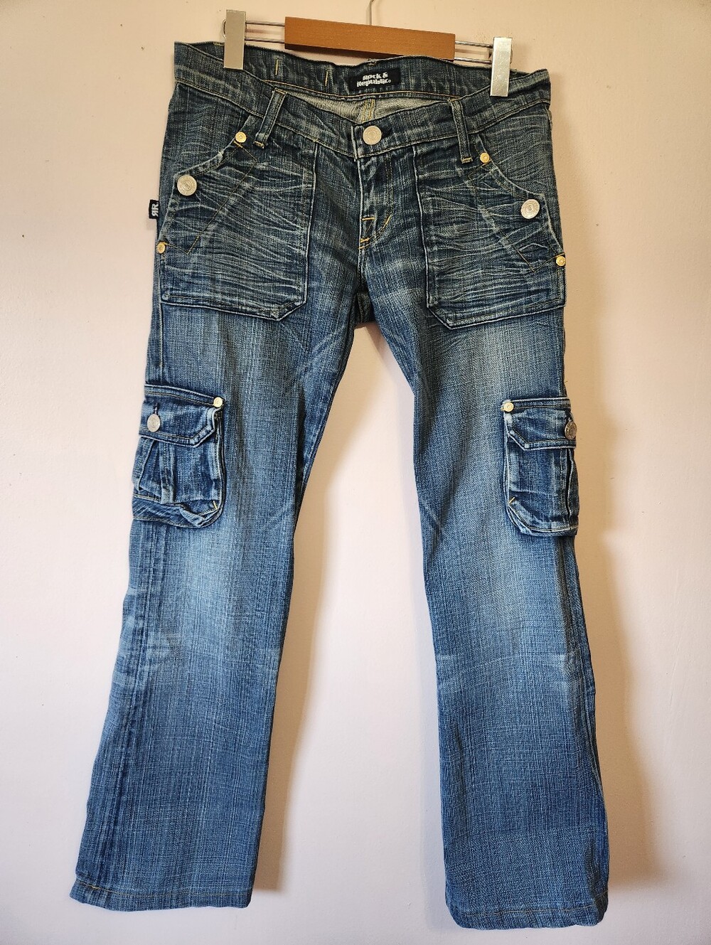 Rock & Republic Iggy Vintage Y2K Utility Cargo Jeans Low Rise Bootcut Denim 29